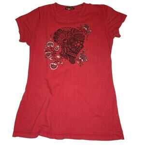 Lucky Brand Graphic Baby Tee Women's M Coral Black Skull Floral
